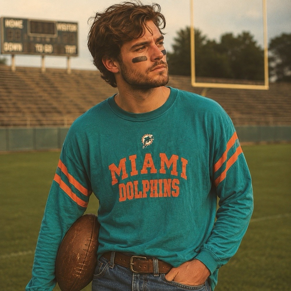 Vintage NFL Miami Dolphins Graphic Long Sleeve T-Shirt Aqua Blue‎ Men's Size XL